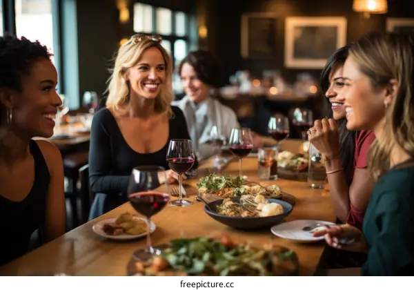 Four multiethnic women enjoying a meal together at a restaurant