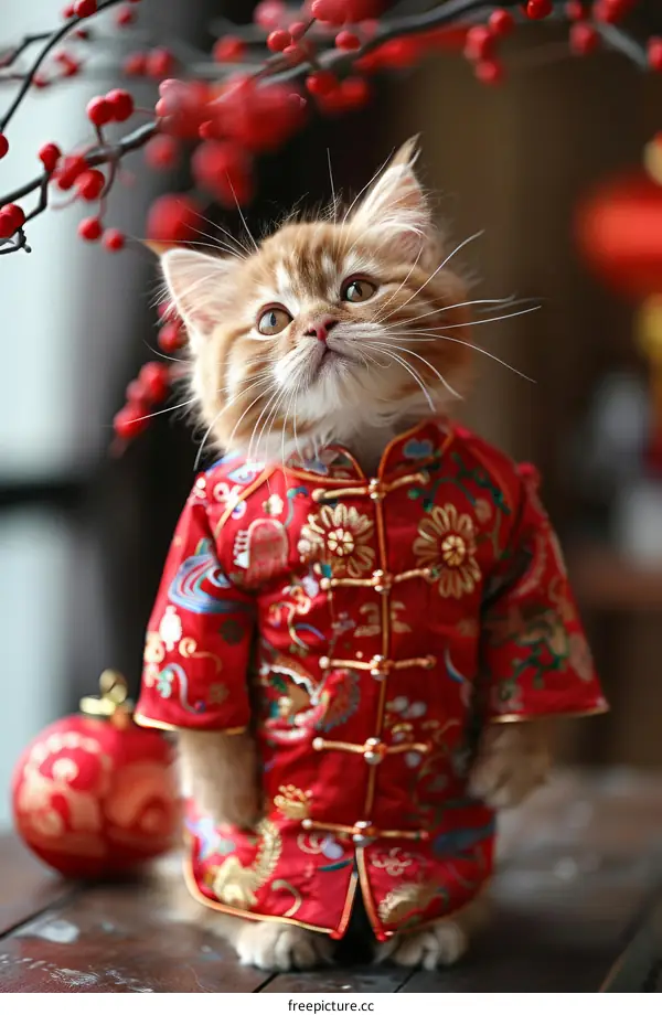 A cat wearing a red Chinese traditional clothing is standing on a table