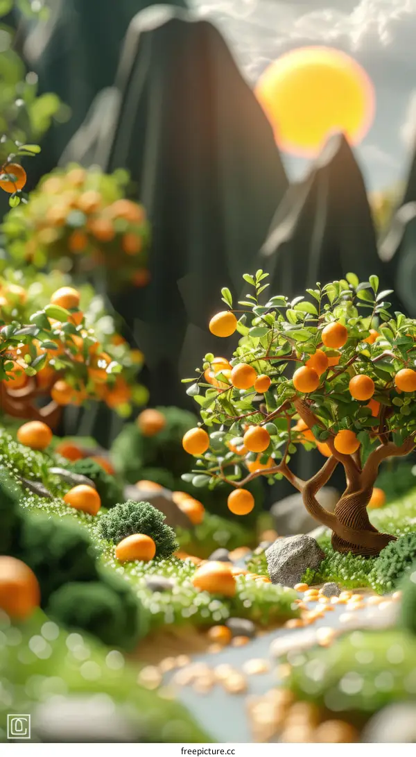 Surreal Landscape with Orange Trees and a River