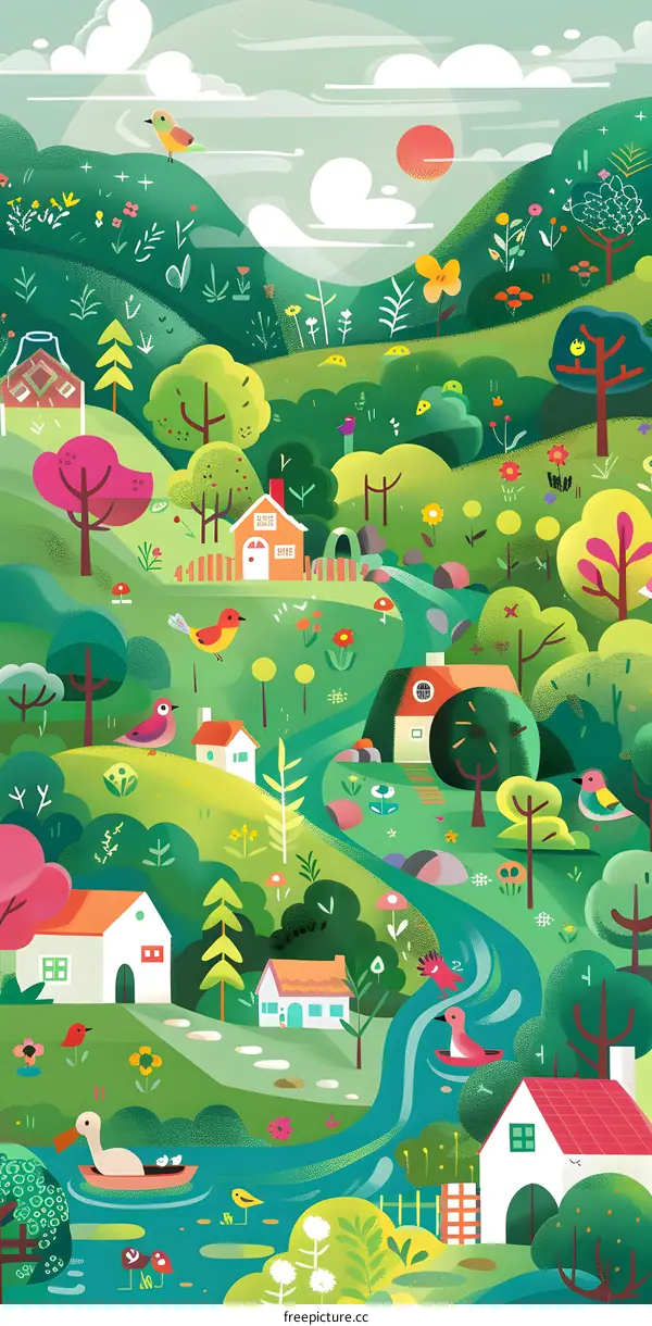 Cartoon Illustration Of A Green Village With Houses And Trees