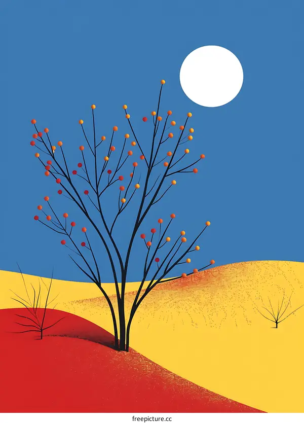 Minimalist Illustration of a Tree with Red and Yellow Berries Against a Blue Sky and Full Moon