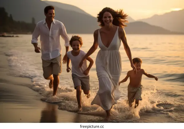 Family of four running on beach at sunset
