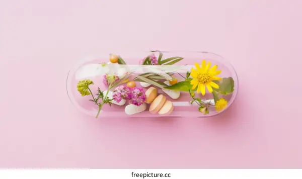 Capsule Filled with Flowers and Herbs Medical Wellness