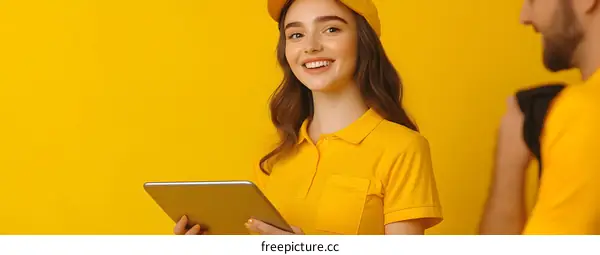 Smiling Woman In Yellow Uniform Holding A Tablet