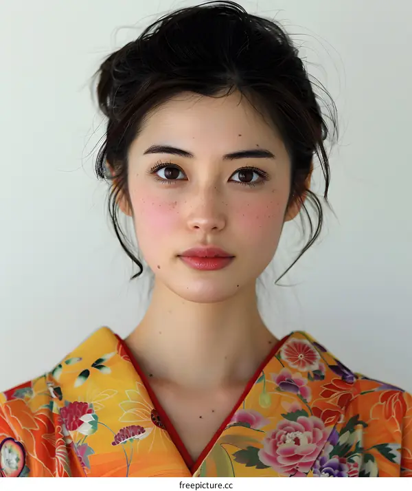 Portrait of a Young Woman in Traditional Japanese Clothing