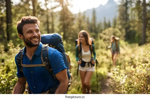 Group of Friends Hiking and Smiling on Trail