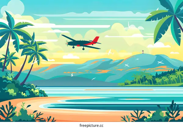 Tropical Island Landscape with Airplane and Palm Trees