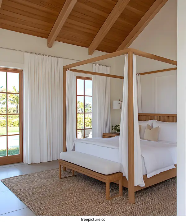 Modern Minimalist Bedroom With Canopy Bed And Wooden Ceiling