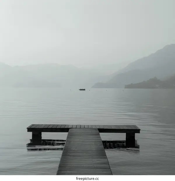 Tranquil Lake with Misty Mountains and Wooden Dock
