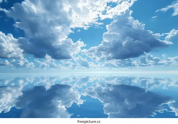 Blue sky and white clouds reflecting on the calm water surface