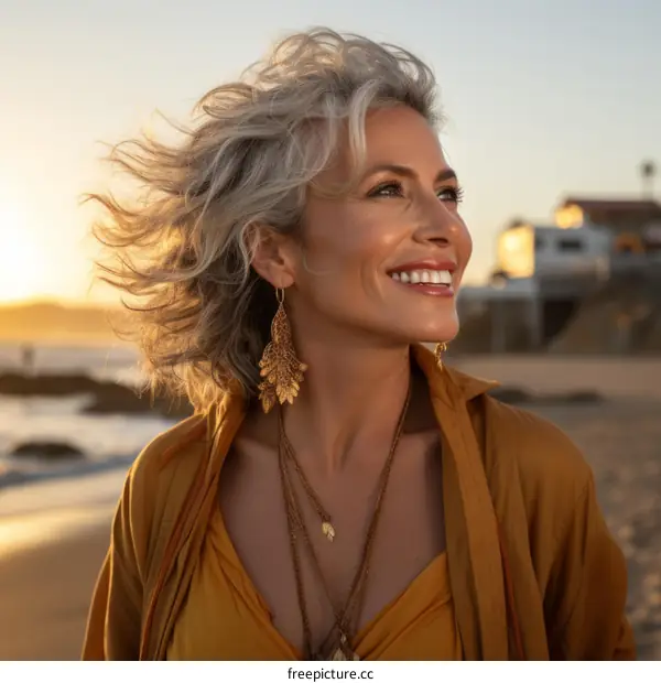 Portrait of a smiling woman with gray hair wearing a yellow dress and gold earrings
