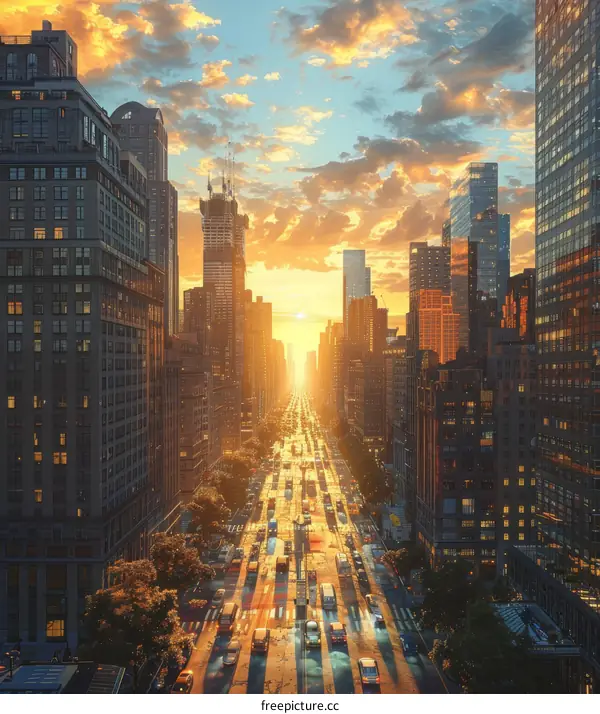 A wide avenue in a big city with skyscrapers on both sides and a lot of traffic on the road