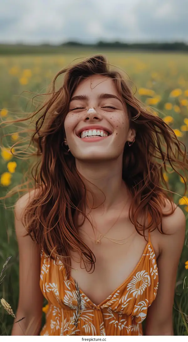 portrait of a happy young woman in a field of yellow flowers