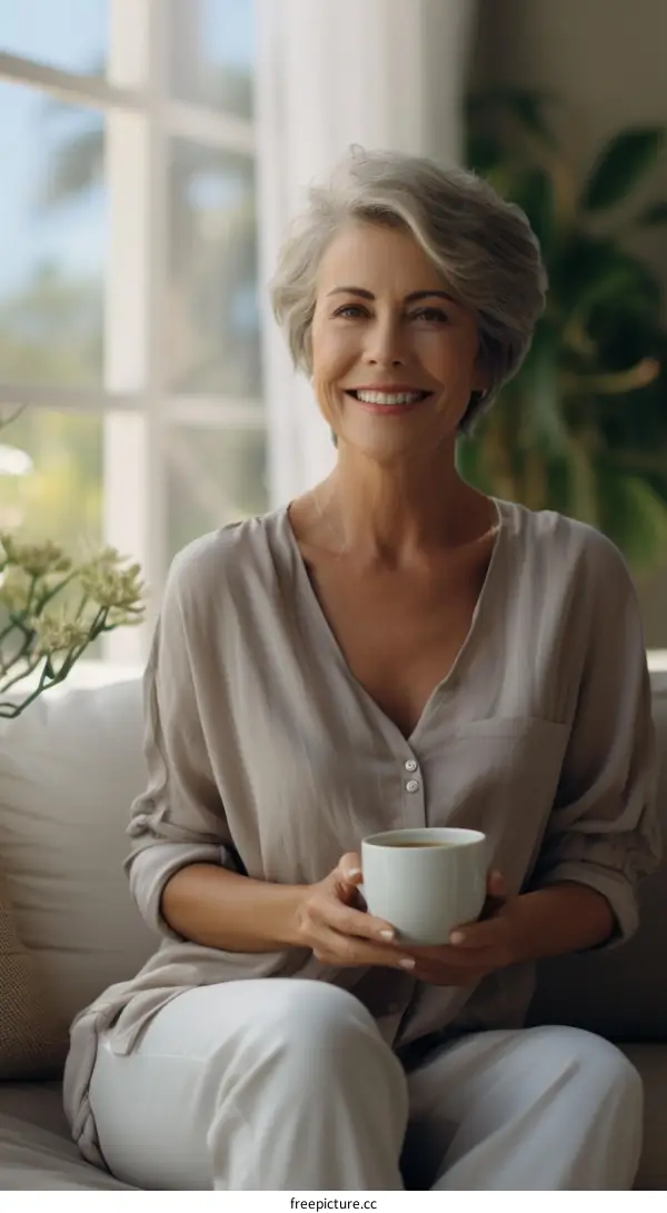 A beautiful middle-aged woman is sitting on a couch and holding a cup of tea