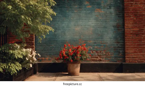 Urban Courtyard with Colorful Flowers and Brick Wall