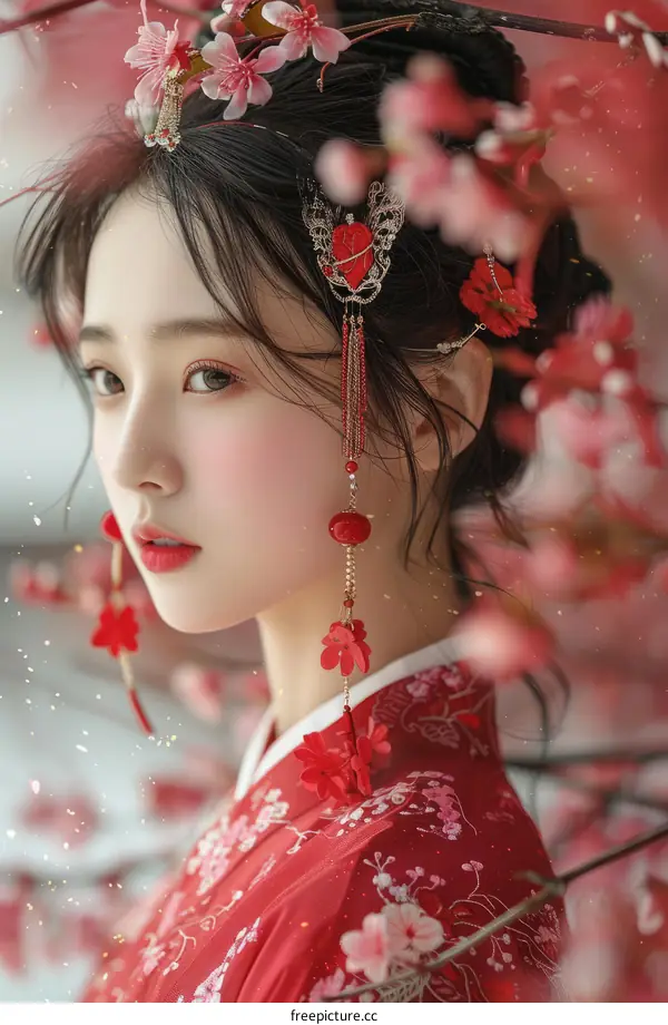 Beautiful Asian Woman in Traditional Chinese Dress with Cherry Blossoms