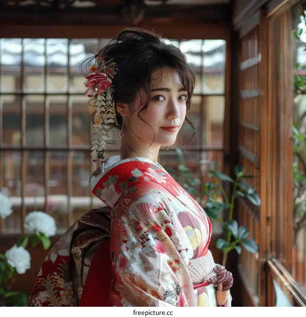 A beautiful Japanese woman wearing a kimono is standing in a traditional Japanese house.