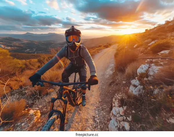 Downhill mountain biking on a dirt trail at sunset