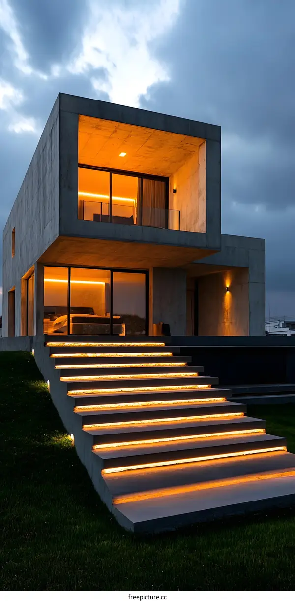 Modern Concrete House with Illuminated Stairs