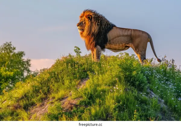 Lion standing on a hill looking into the distance