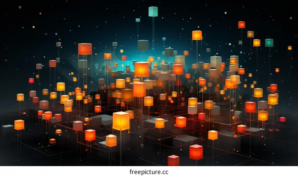 A 3D illustration of a city made of glowing cubes.