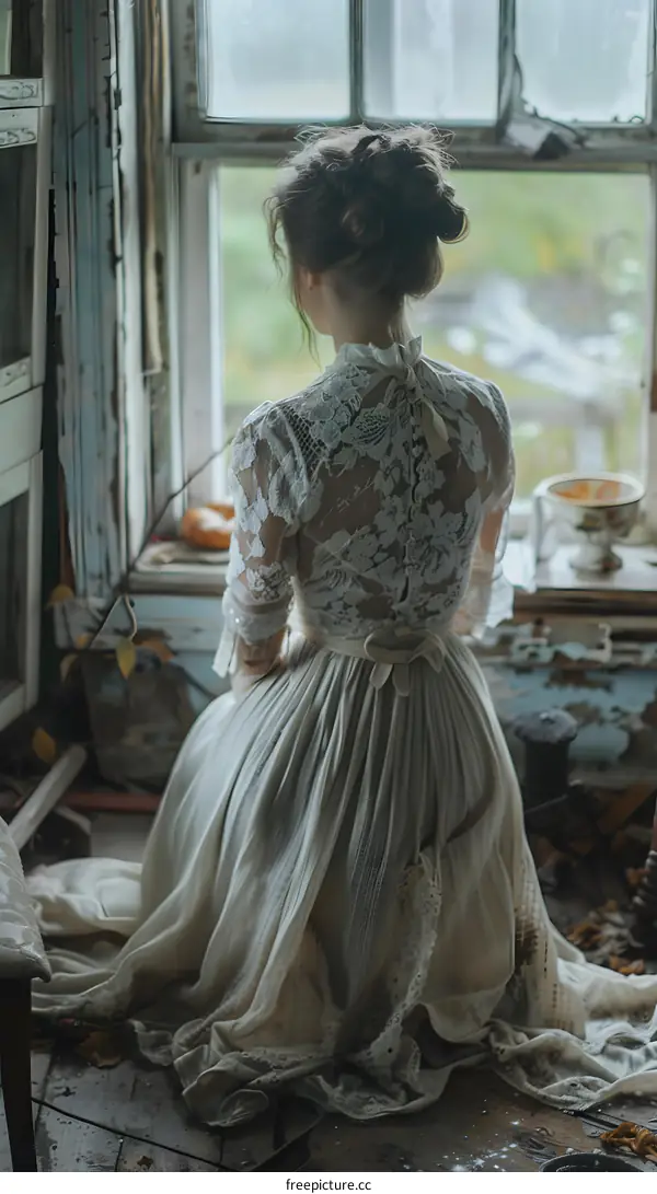 A woman in a white dress is sitting on the floor in an abandoned room.