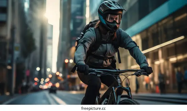 A young woman riding a mountain bike in the city