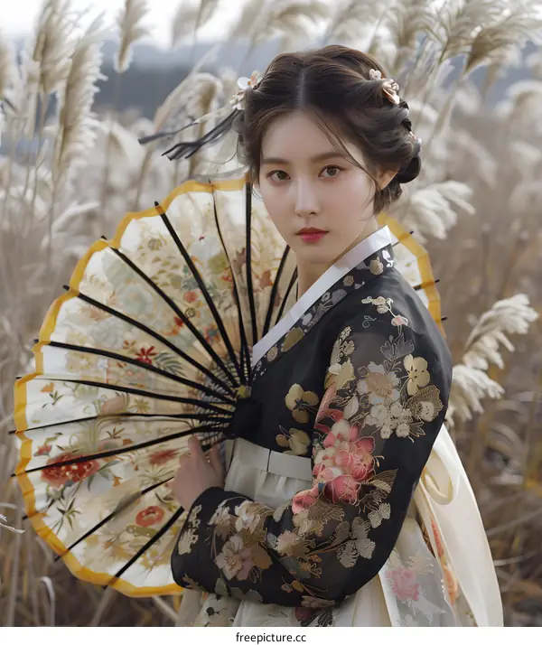 Portrait of a young woman in traditional Korean dress, or Hanbok, with a pleated skirt called chima and a blouse called jeogori