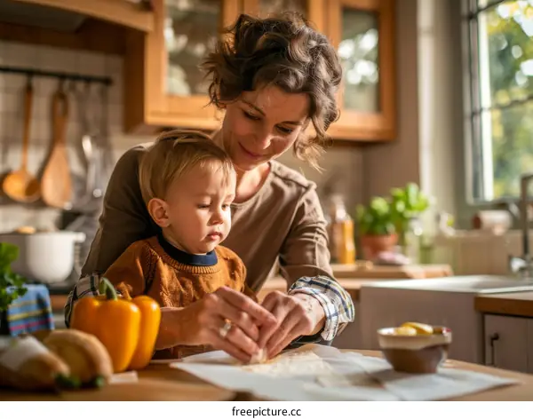 Mother and son cooking together in the kitchen