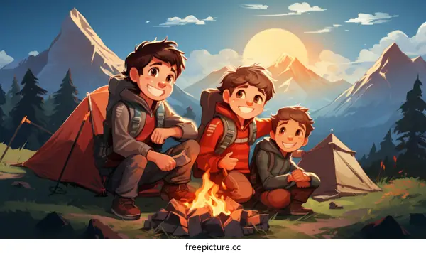 Three young caucasian boys camping in the mountains
