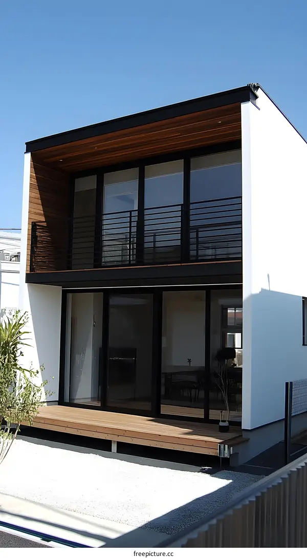 Modern White House with Wooden Deck and Balcony