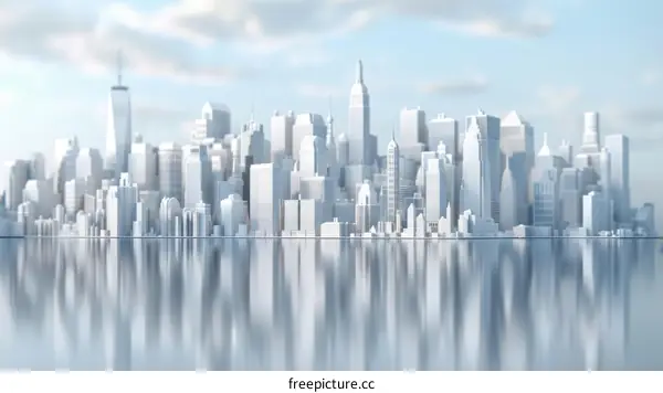 3D City Skyline with White Buildings and Blue Sky