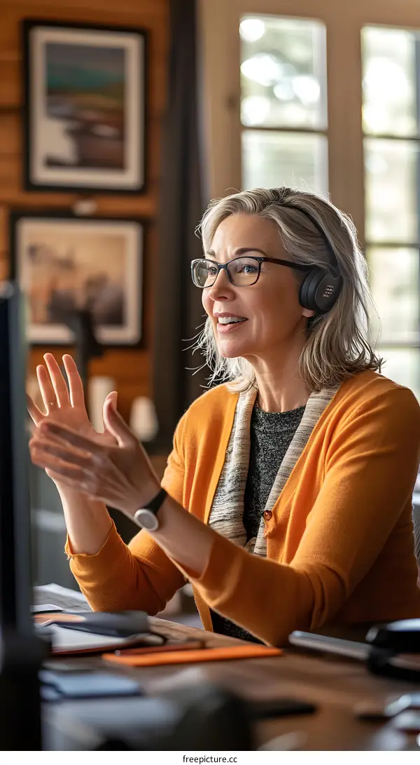 Woman Wearing Headset Making a Video Call in a Home Office