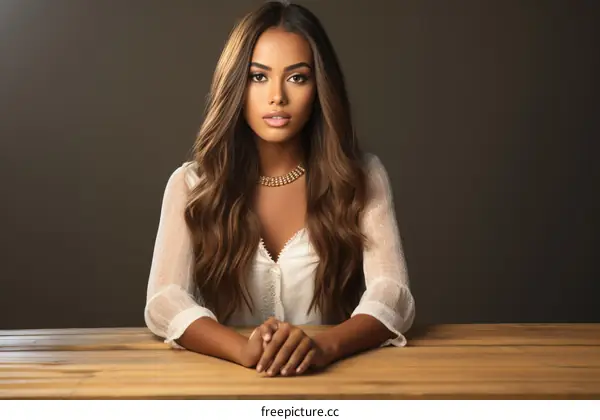 Portrait of a beautiful young woman with long brown hair wearing a white blouse