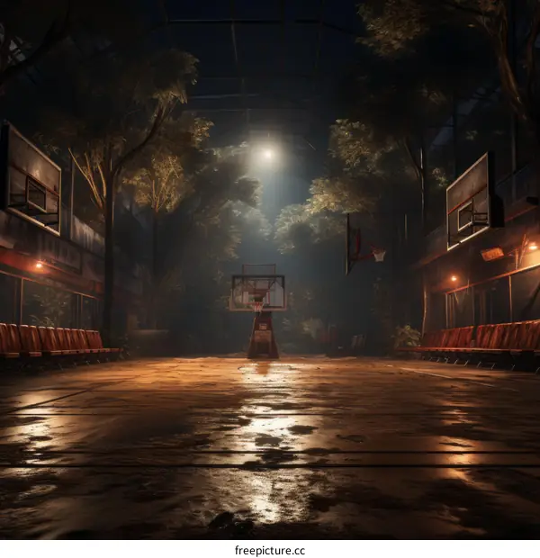 Basketball court overgrown with trees and plants