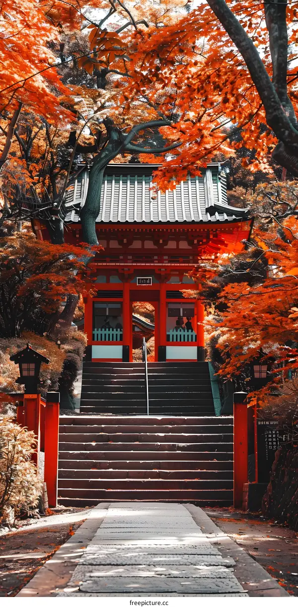 Japanese Temple Gate with Red Maple Leaves in Autumn