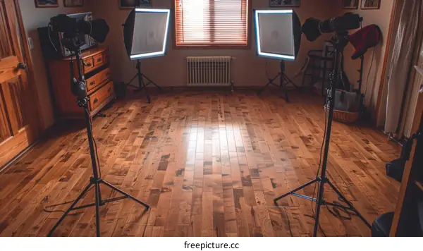 An empty room with two large windows and a hardwood floor