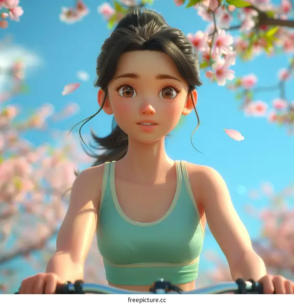 A young girl riding a bicycle through a park with cherry blossoms
