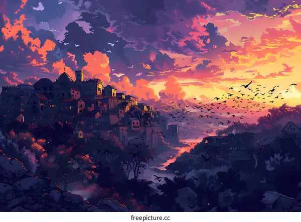 Fantasy City Landscape Sunset Illustration