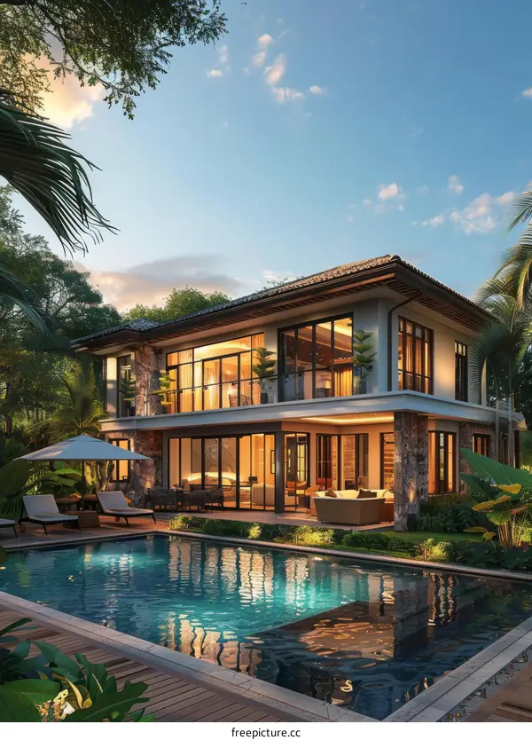 Luxury Villa with Swimming Pool at Dusk
