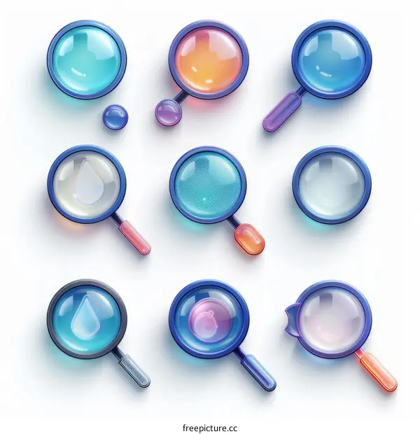 A set of magnifying glasses with different colors and styles