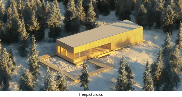 Modern Wooden Cabin in Winter Forest