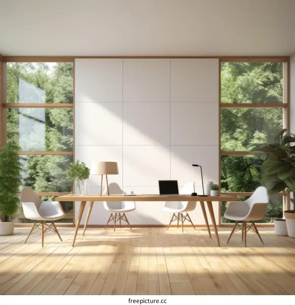 Bright and Airy Home Office with Large Windows and Plants