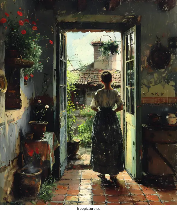 A woman standing in a doorway looking out into a courtyard