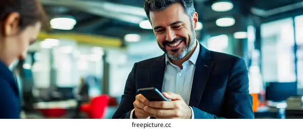 Smiling businessman using smartphone in office