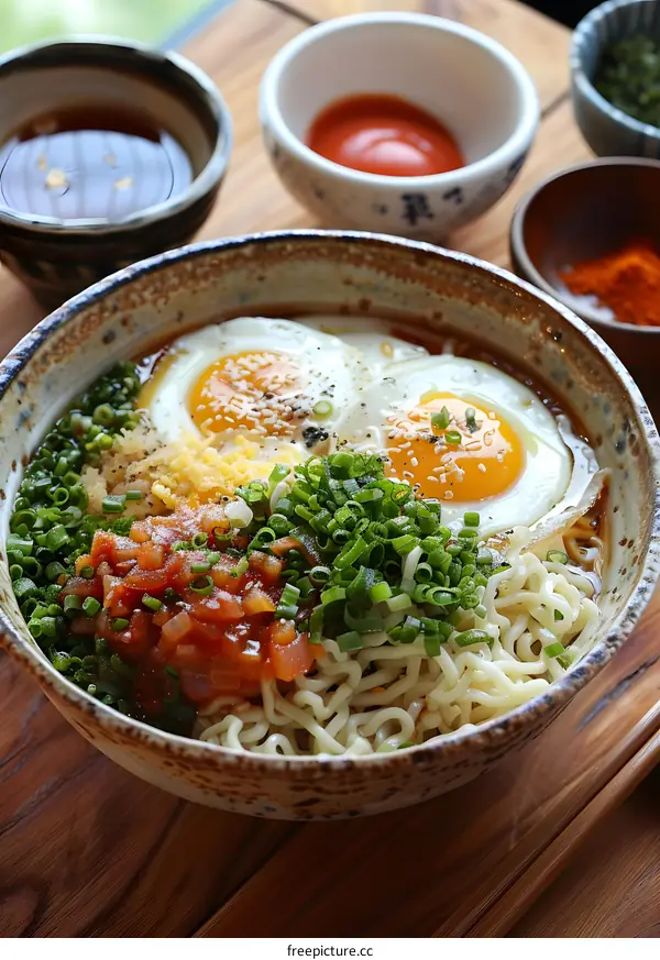 Noodles with eggs and spring onions