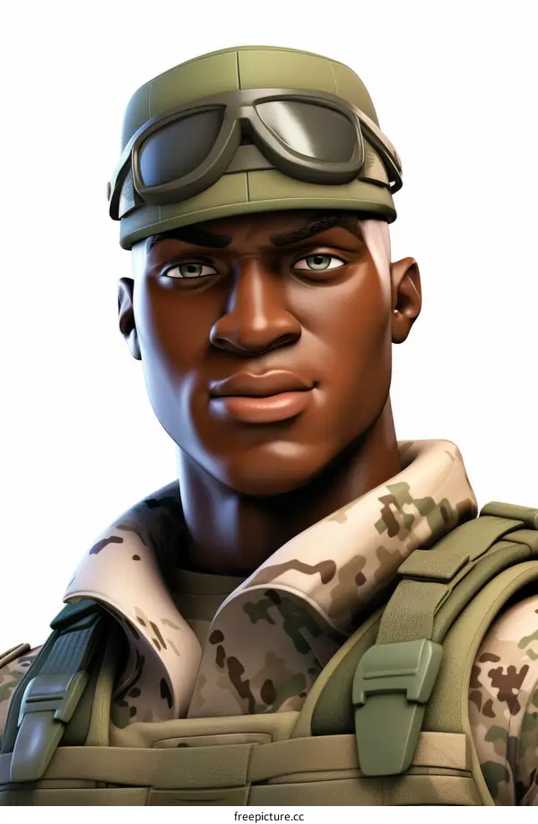 Black male soldier wearing green camouflage uniform and brown goggles