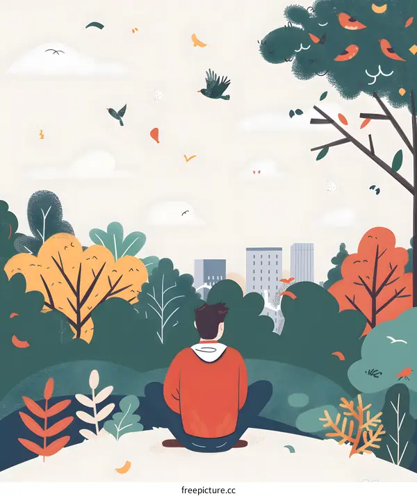 Man Sitting in the Park Looking at Cityscape