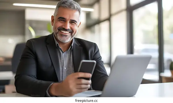 Businessman using smartphone and laptop in office
