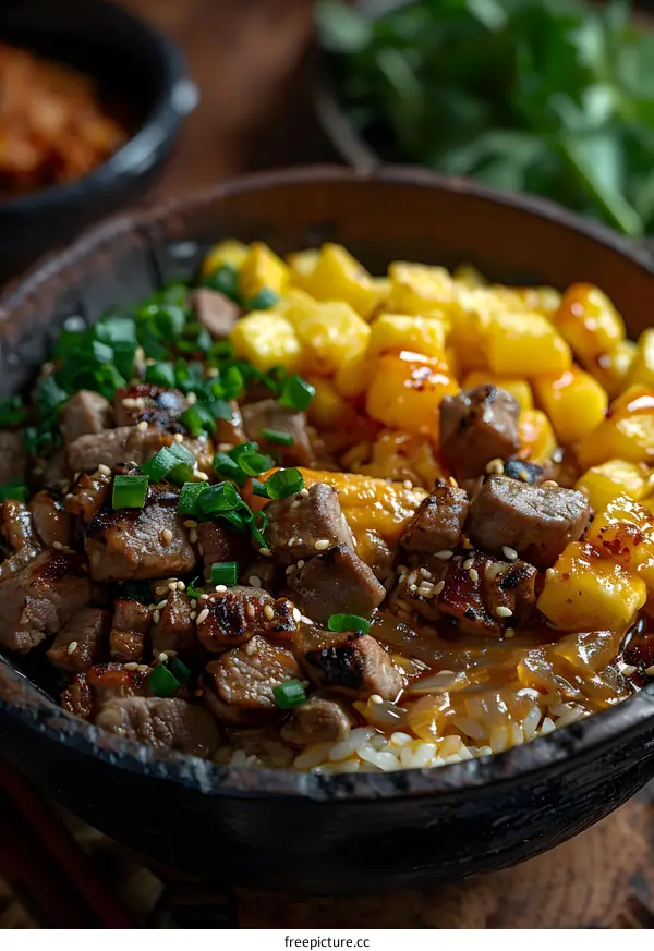 A delicious bowl of Korean bulgogi with rice and kimchi